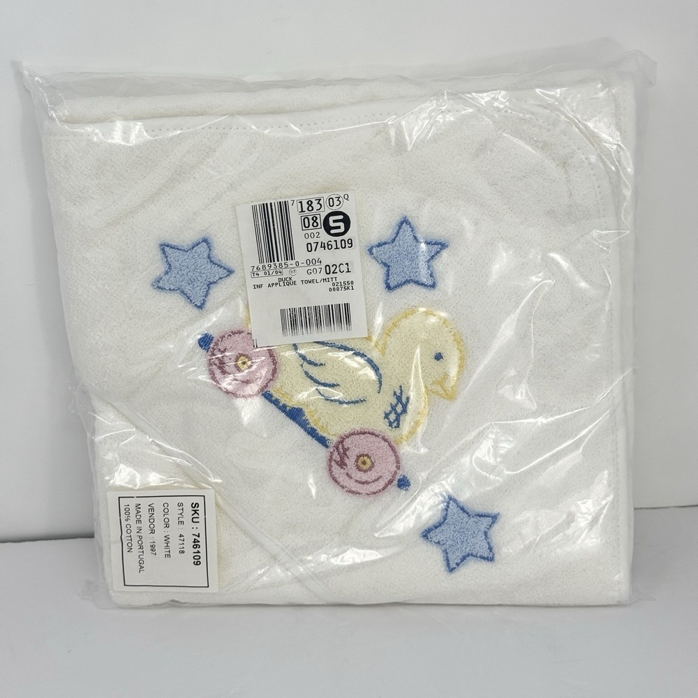 Vintage Lands End Baby Coming Home Duck Hooded Towel Mitt Set Cotton Shower Gift